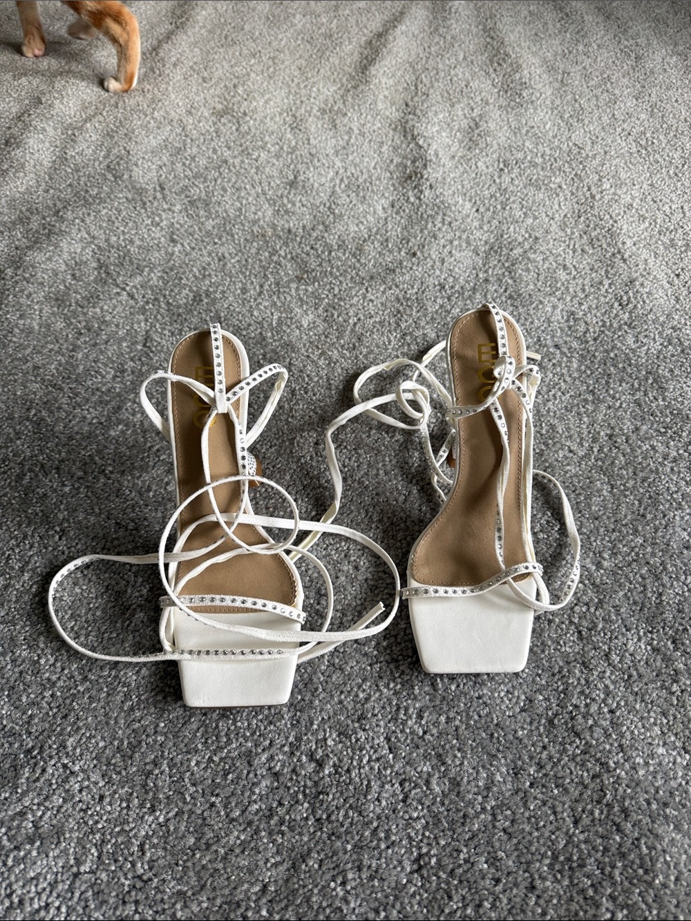 White Lace-Up Square-Toe Heeled Heels